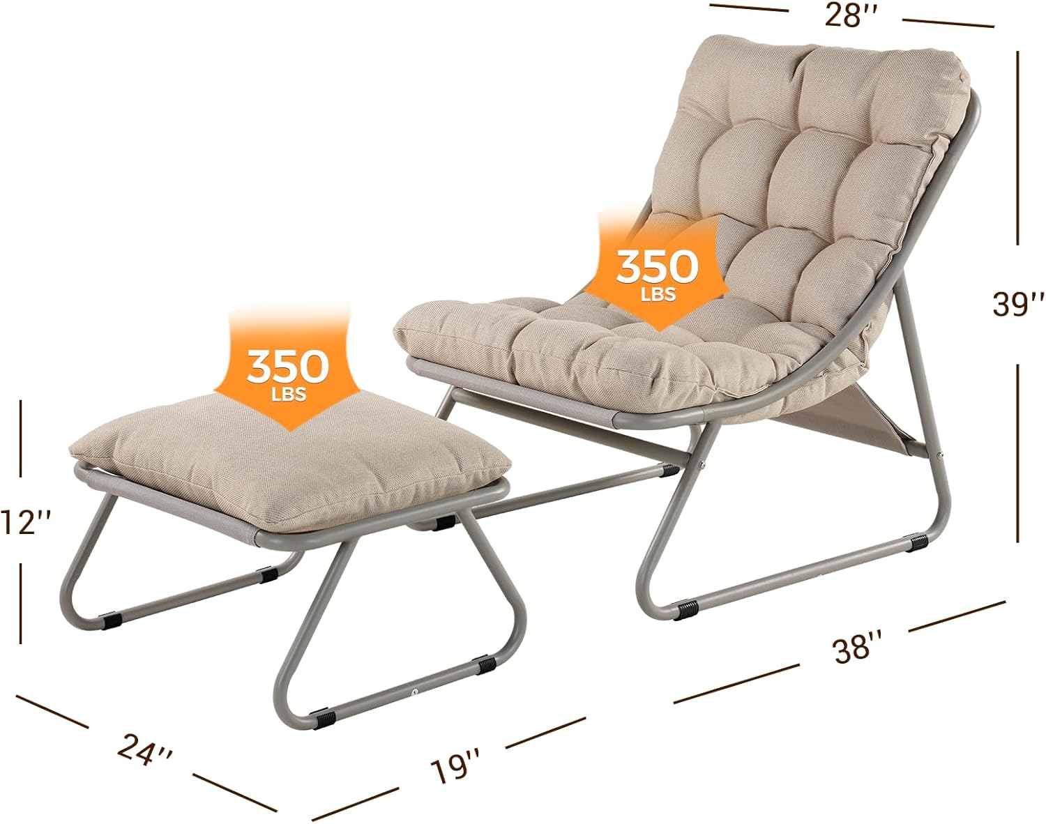 Grand patio Outdoor Lounge Chair with Foot Stool, Comfy Sling Recliner Chair with Puffy Cushion and Foot Rest, Modern Patio Furniture Set for Porch Deck Garden, Champagne Gray