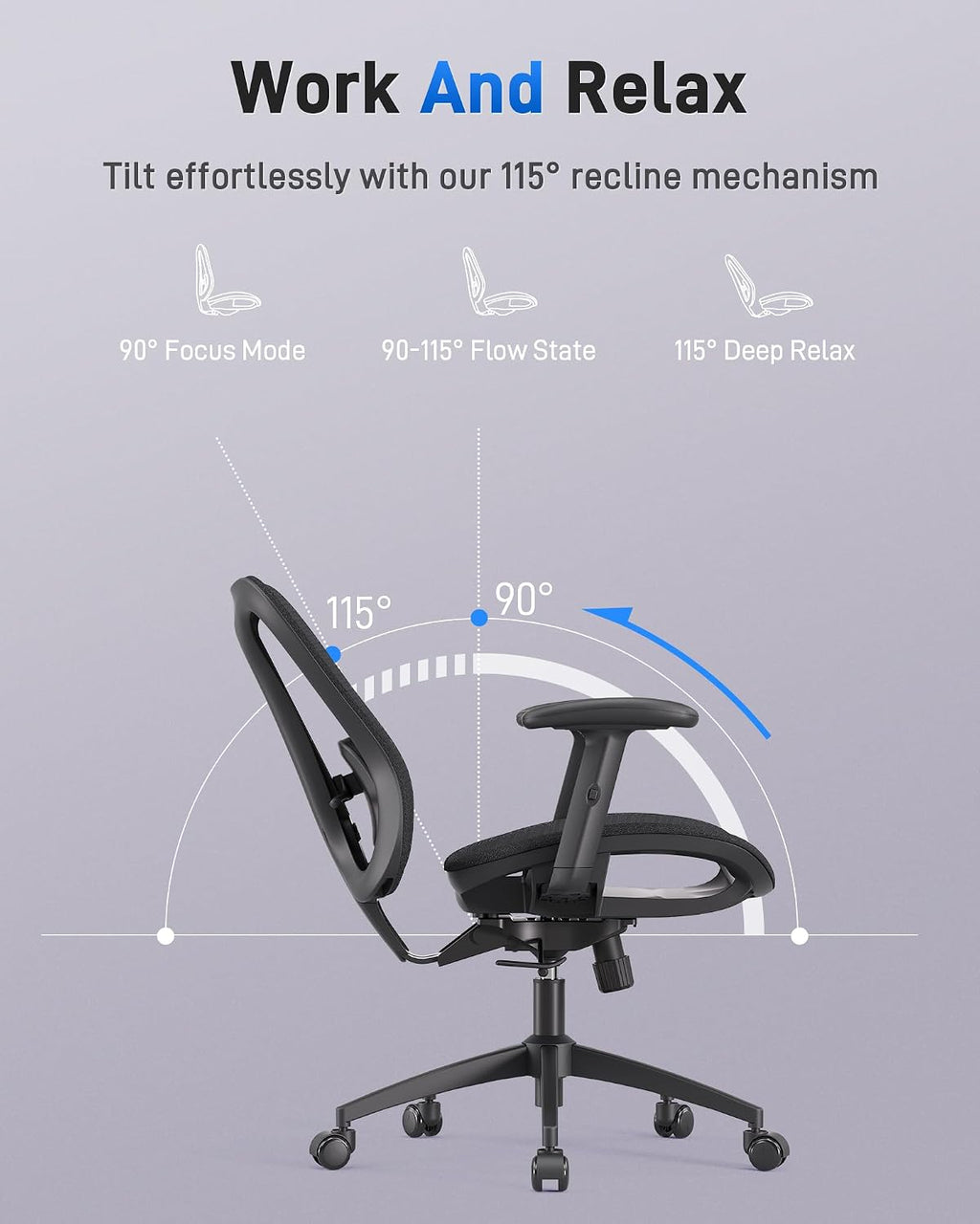 amseatec Ergonomic Office Desk Chair, Comfortable Computer Gaming Chair, Breathable Mesh Back & Seat, Adjustable Armrest, Lumbar Support, Butterfly Design for Home Office (Black)