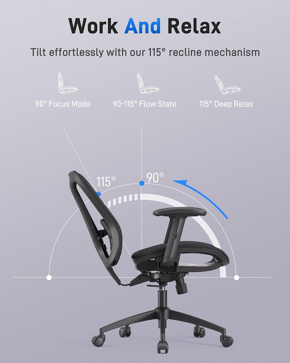 amseatec Ergonomic Office Desk Chair, Comfortable Computer Gaming Chair, Breathable Mesh Back & Seat, Adjustable Armrest, Lumbar Support, Butterfly Design for Home Office (Black)