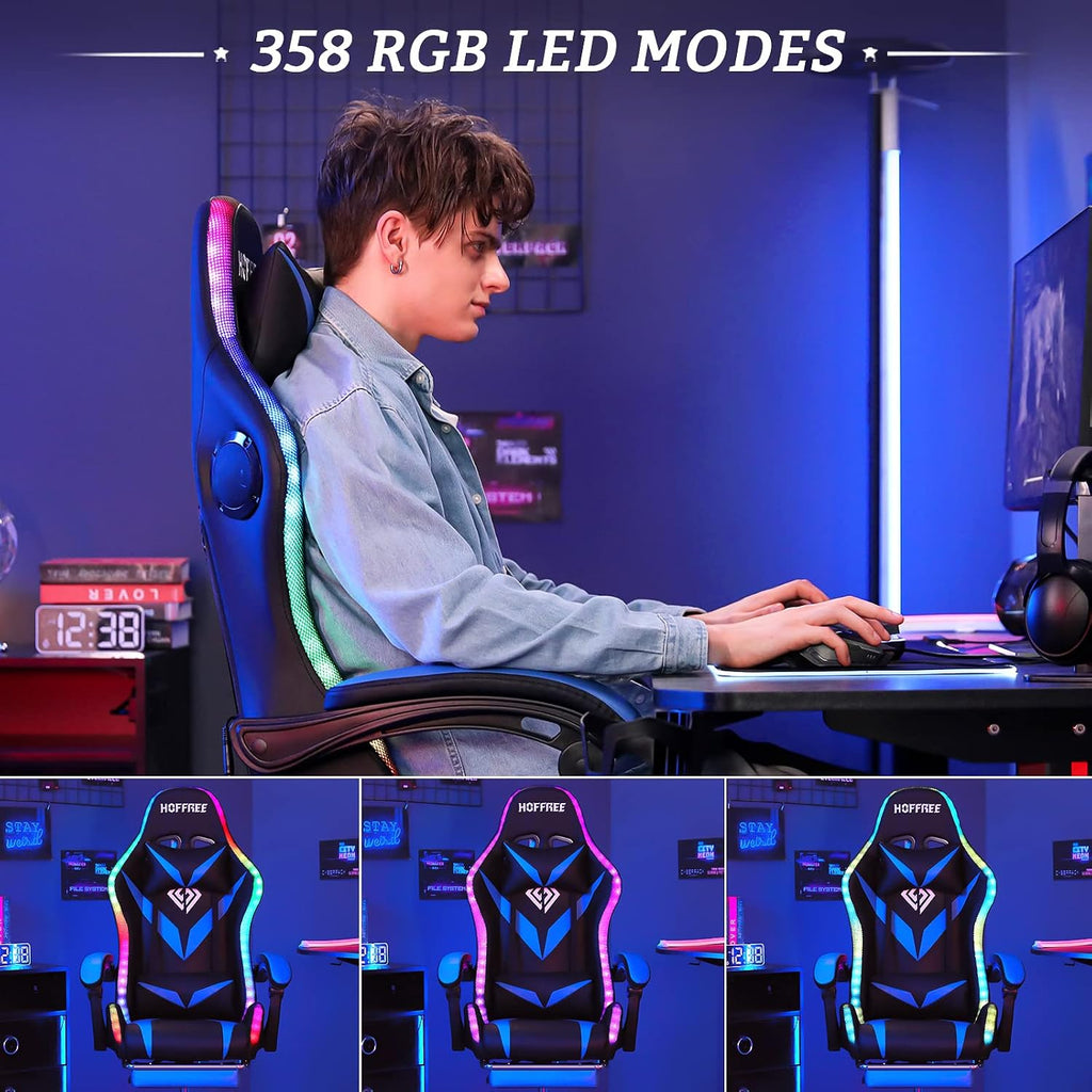 RGB Gaming Chair with Bluetooth Speakers and LED Lights Ergonomic Massage Computer Gaming Chair with Footrest Video Game Chair High Back with Lumbar Support Blue and Black