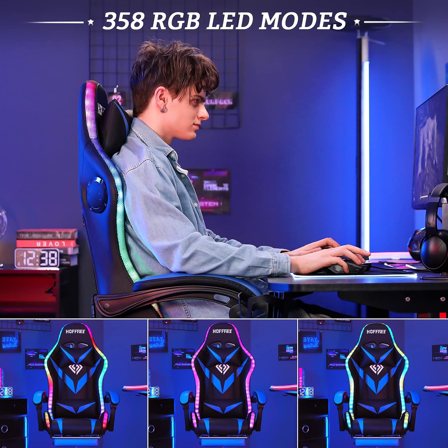 RGB Gaming Chair with Bluetooth Speakers and LED Lights Ergonomic Massage Computer Gaming Chair with Footrest Video Game Chair High Back with Lumbar Support Blue and Black
