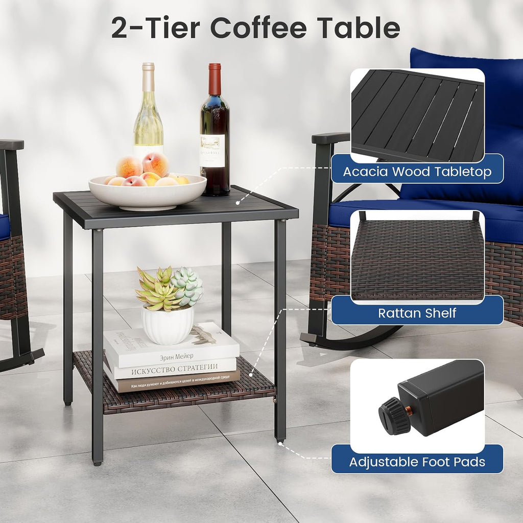 Tangkula 3 Piece Rattan Rocking Chair Set, Patio Rocker Bistro Set w/Acacia Wood Tabletop & Armrests, 2 Outdoor Cushioned Armchairs w/Double-Tier Side Table for Porch, Balcony, Backyard
