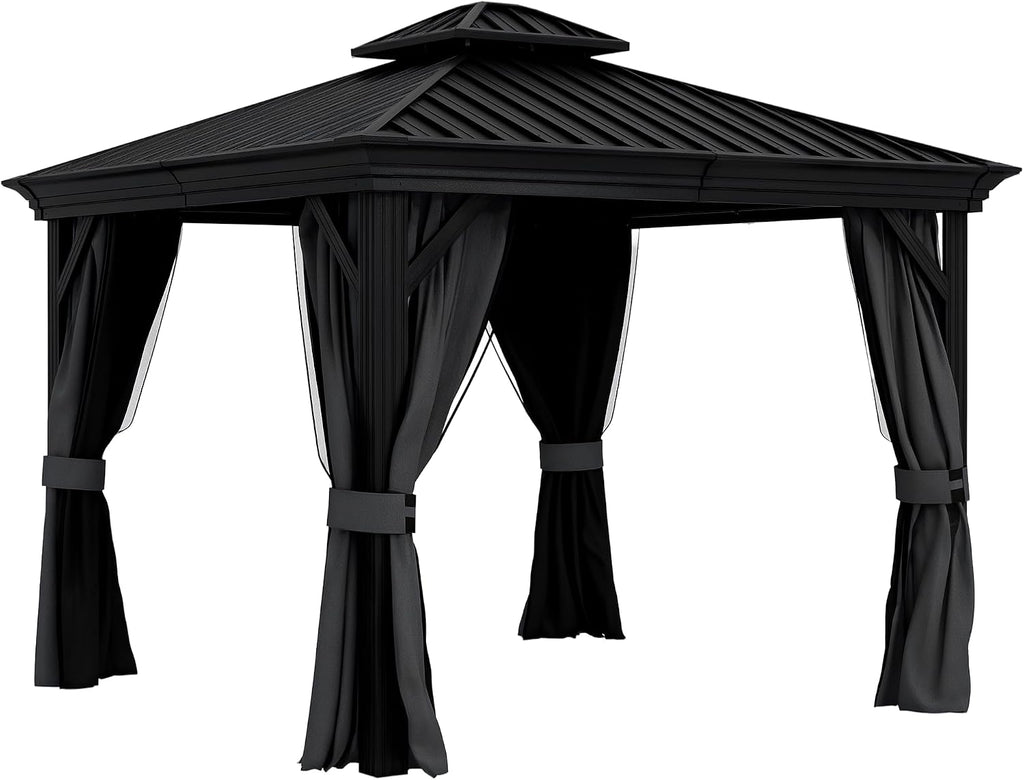 Outsunny 10' x 12' Hardtop Gazebo with Curtains and Netting, Permanent Pavilion Metal Double Roof Gazebo Canopy with Aluminum Frame and Hooks, for Garden, Patio, Backyard, Dark Gray