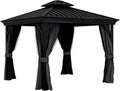 Outsunny 10' x 12' Hardtop Gazebo with Curtains and Netting, Permanent Pavilion Metal Double Roof Gazebo Canopy with Aluminum Frame and Hooks, for Garden, Patio, Backyard, Dark Gray