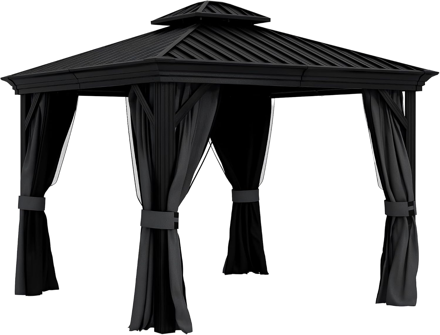 Outsunny 10' x 12' Hardtop Gazebo with Curtains and Netting, Permanent Pavilion Metal Double Roof Gazebo Canopy with Aluminum Frame and Hooks, for Garden, Patio, Backyard, Dark Gray