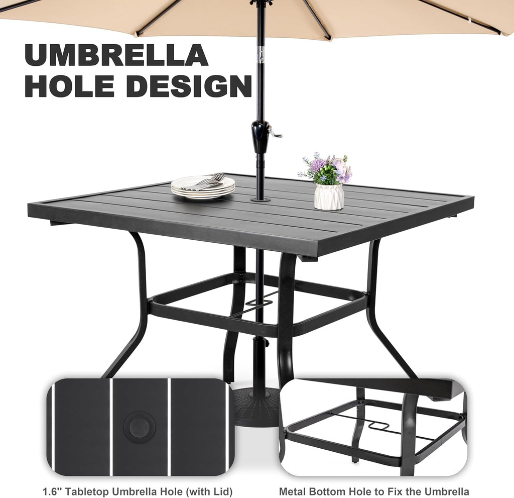 NUU GARDEN 5-Piece Breathable Textilene Outdoor Dining Set, Slatted Outdoor Table and Chairs with Swivel Base, All Weather Patio Furniture Set with Umbrella Hole for Backyard, Garden, Blue