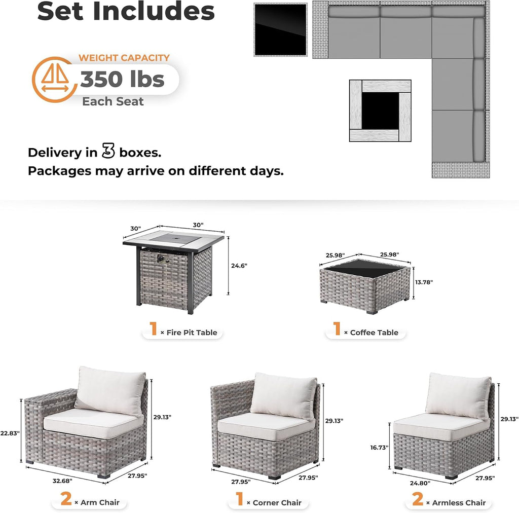 ovios 7 Pieces Patio Furniture Set, Outdoor Wicker Sectional Sofa with 30 Inch Fire Pit Table Comfy Cushions, Modern Modular Deep Seat Rattan Couch Conversation Set, Beige