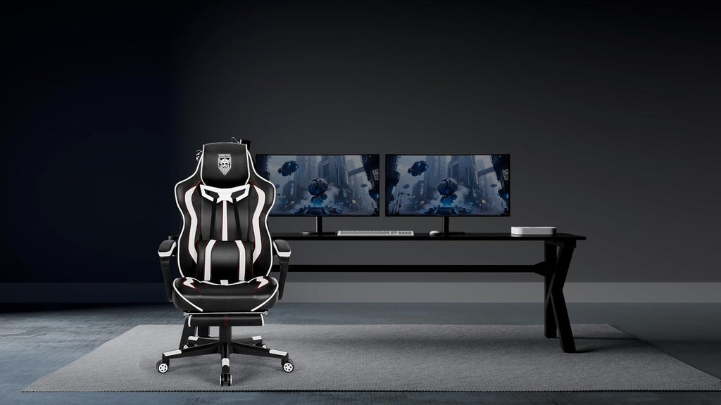 Vonesse Gaming Chair with Footrest,Reclining Computer Gaming Chair for Adults,Big and Tall Gamer Chair with Massage,Ergonomic High Back (White/Black)