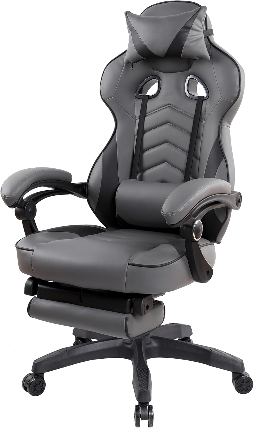 Executive Office or Gaming Chair with Footrest, Padded PU Leather Office Chair with 150-Degree Recline, Lumbar Support & Headrest Pillow, Grey