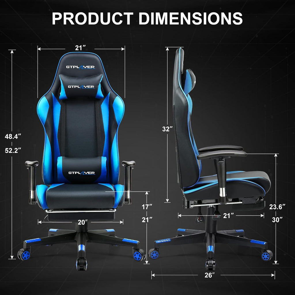 GTPLAYER Gaming Chair with Footrest, Ergonomic Computer Game Desk Chair, Recline Gaming Chair Seat Height Adjustment, Swivel Rocker with Headrest and Lumbar (Blue)