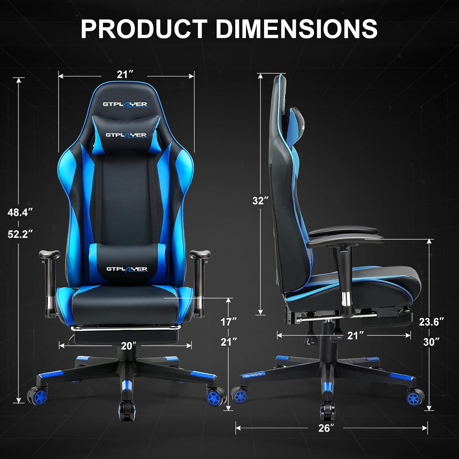 GTPLAYER Gaming Chair with Footrest, Ergonomic Computer Game Desk Chair, Recline Gaming Chair Seat Height Adjustment, Swivel Rocker with Headrest and Lumbar (Blue)