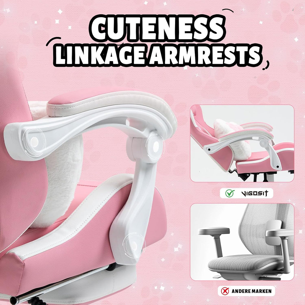 Vigosit Pink Cat Gaming Chair with Footrest, Ergonomic Cute Gamer Chair with Cat Ears, Comfortable Desk Computer Chair for Girls Adults