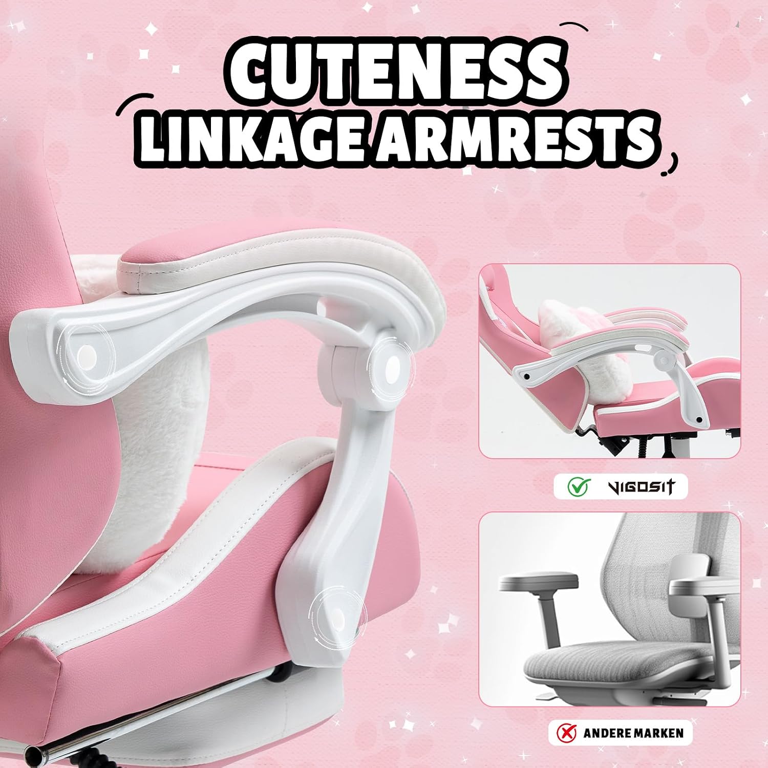 Vigosit Pink Cat Gaming Chair with Footrest, Ergonomic Cute Gamer Chair with Cat Ears, Comfortable Desk Computer Chair for Girls Adults