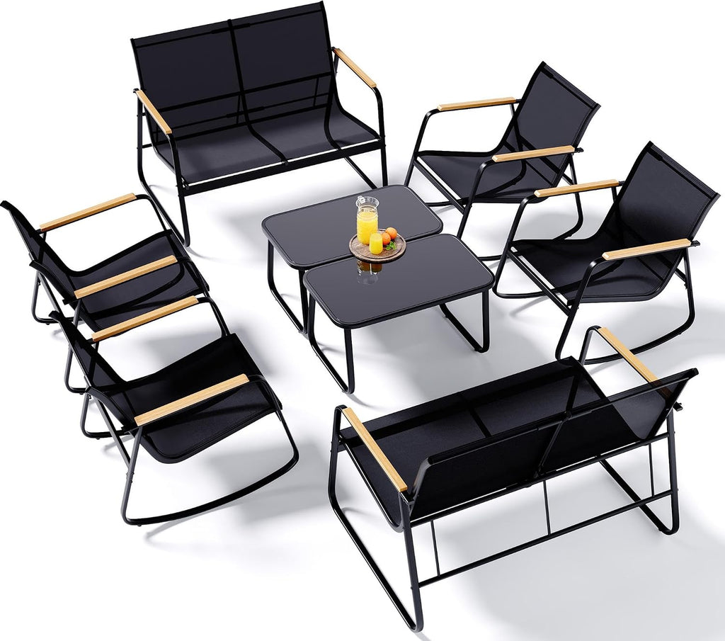 Ahomly 8-Piece Outdoor Patio Furniture Set, Textilene Conversation Set with Rocking Chairs, Loveseat, and Tempered Glass Coffee Table, for Lawn, Garden, Balcony, Poolside (Black)