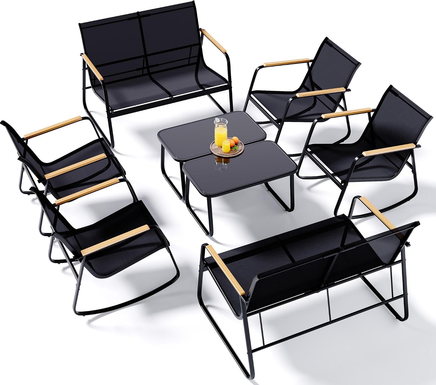 Ahomly 8-Piece Outdoor Patio Furniture Set, Textilene Conversation Set with Rocking Chairs, Loveseat, and Tempered Glass Coffee Table, for Lawn, Garden, Balcony, Poolside (Black)