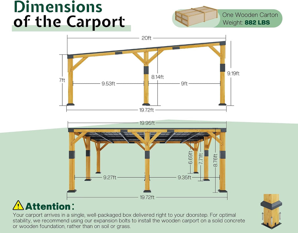 Jocisland 20x20x9.2 FT Cedar Wood Carport for 2 Cars, Heavy Duty Canopy Carport with Sloped Galvanized Steel Roof for All Weather, Permanent Shelter for Full-Sized Pickup Truck, Boat & Tractor