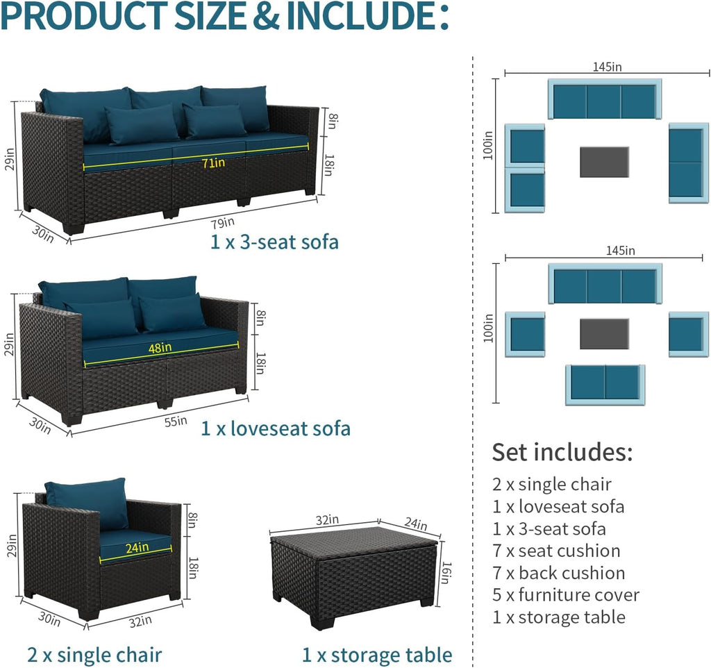 Rattaner Patio Furniture Set 5 Pieces Outdoor Furniture Sets Patio Couch Outdoor Chairs Coffee Table Peacock Blue Anti-Slip Cushions and Waterproof Covers