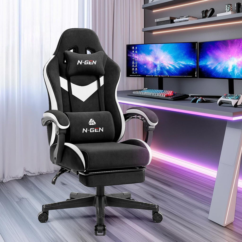 N-GEN GAMING Video Gaming Chair Office Computer Desk Use Ergonomic Reclining Backrest Adjustable Armrests Lumbar Support Footrest High Density Foam Breathable Fabric Heavy Duty Base (Black)