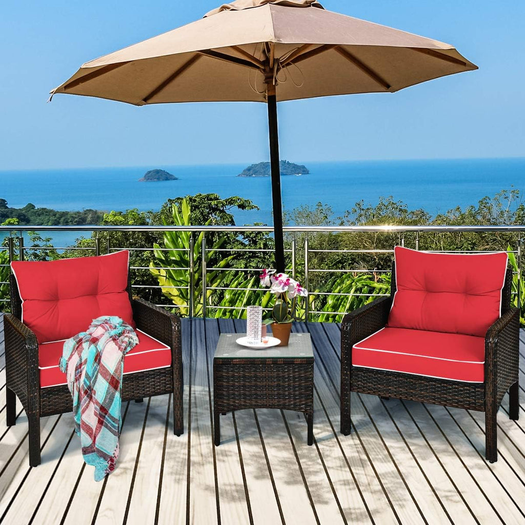 HAPPYGRILL 3 Pieces Patio Furniture Set Outdoor Rattan Wicker Coffee Table & Chairs Set with Seat Cushions Patio Conversation Set for Garden Balcony Backyard Poolside