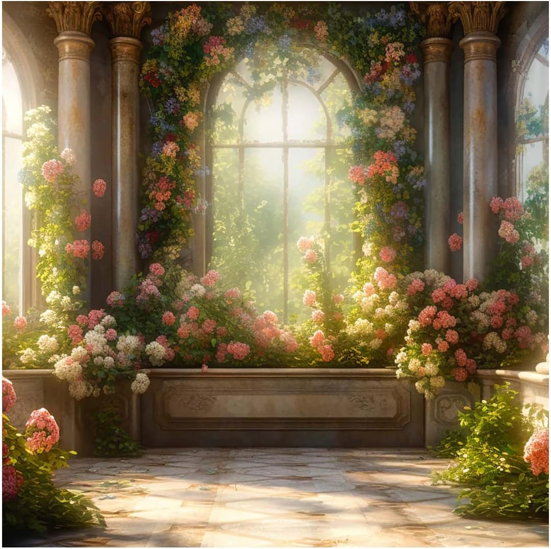 Kate 10x10ft Spring Pink Flowers Scenic Photography Backdrops Garden Pavilion Sunshine Floral Wall Photo Background Wedding Girls Birthday Party Backdrop Shooting
