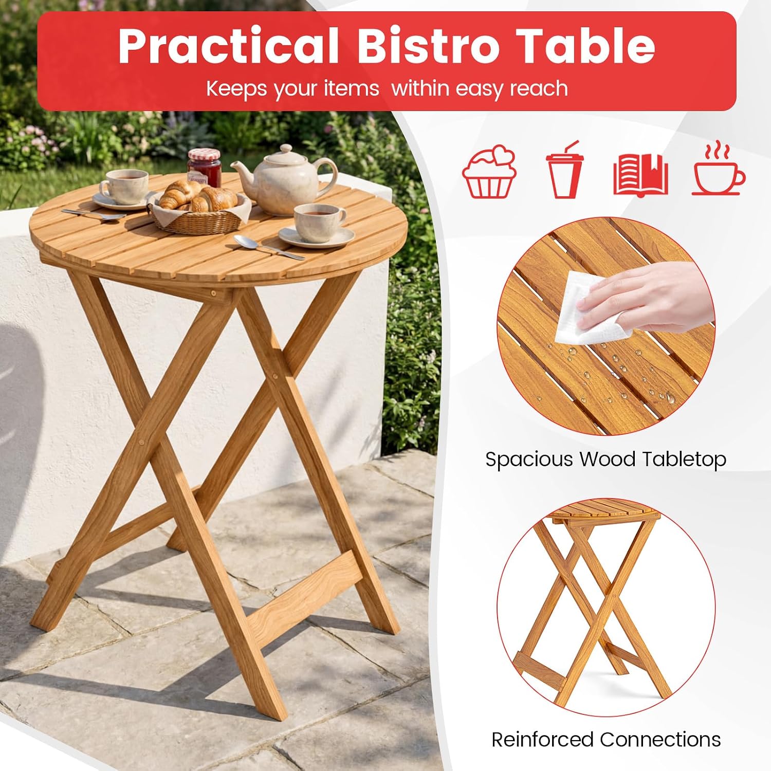Giantex 3Pcs Patio Bistro Set, Wood Folding Table Set, 2 Cushioned Chairs for Garden Yard, Outdoor Furniture Round Table, Natural & Red