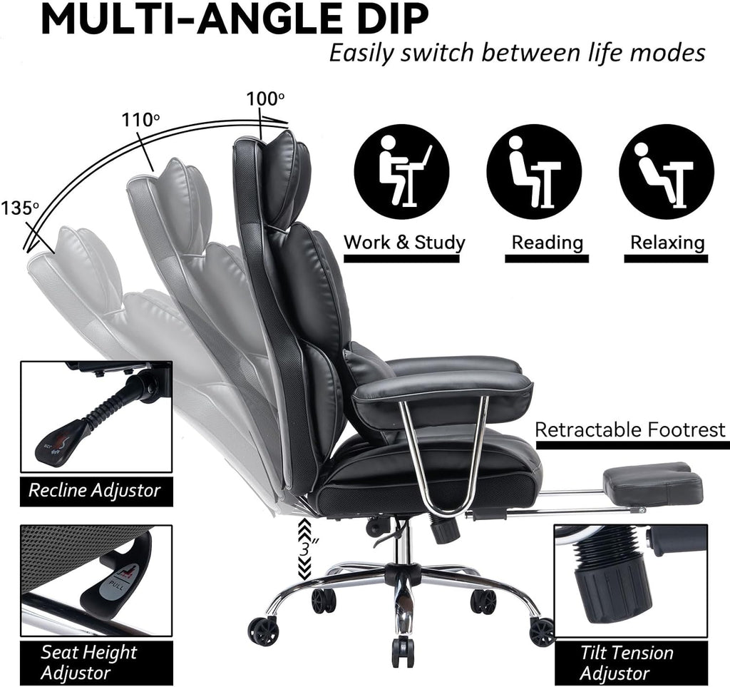 Efomao Big & Tall Office Chair with Footrest, High-Back Leather Executive Desk Chair with Lumbar Support and Padded Armrests, Black