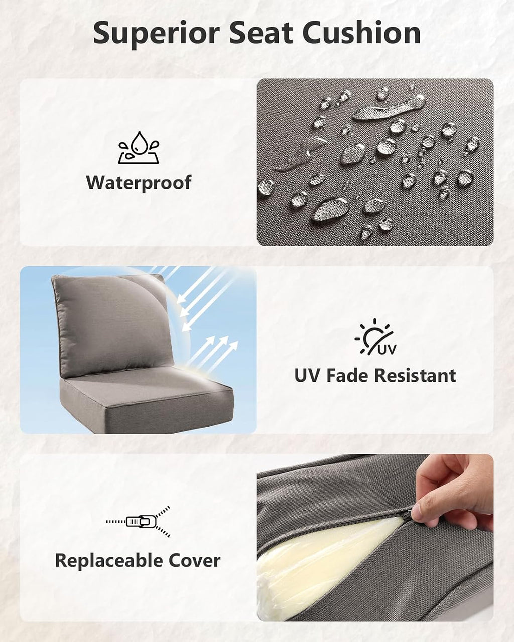 6' Thick Outdoor Cushion, 24*24*6' Patio Furniture Cushions with Waterproof Patio Furniture Cushions with Removable Cover, 28D High Density Patio Cushion for Outdoor Furniture, Gray-4pcs