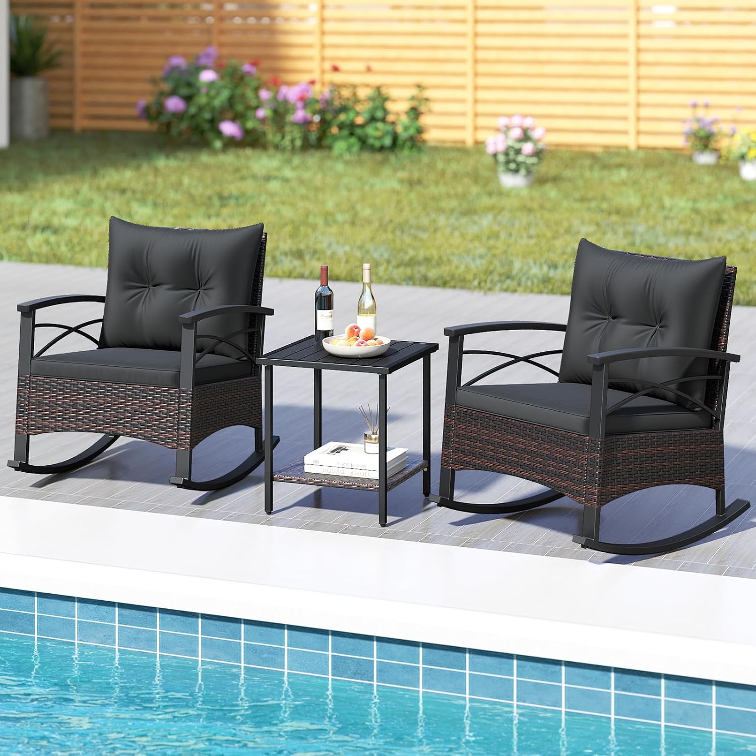 Tangkula 3 Piece Rattan Rocking Chair Set, Patio Rocker Bistro Set with Acacia Wood Tabletop & Armrests, 2 Outdoor Cushioned Armchairs w/Double-Tier Side Table for Porch, Balcony, Backyard
