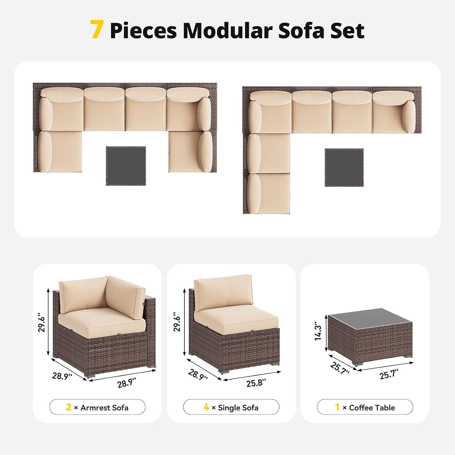 Aoxun Patio Furniture Set, 7 Piece Outdoor Sectional Sofas with Waterproof Cover, Wicker Rattan Outdoor Furniture Patio Conversation Set for Backyard, Garden (Brown Rattan Begin Cushions)