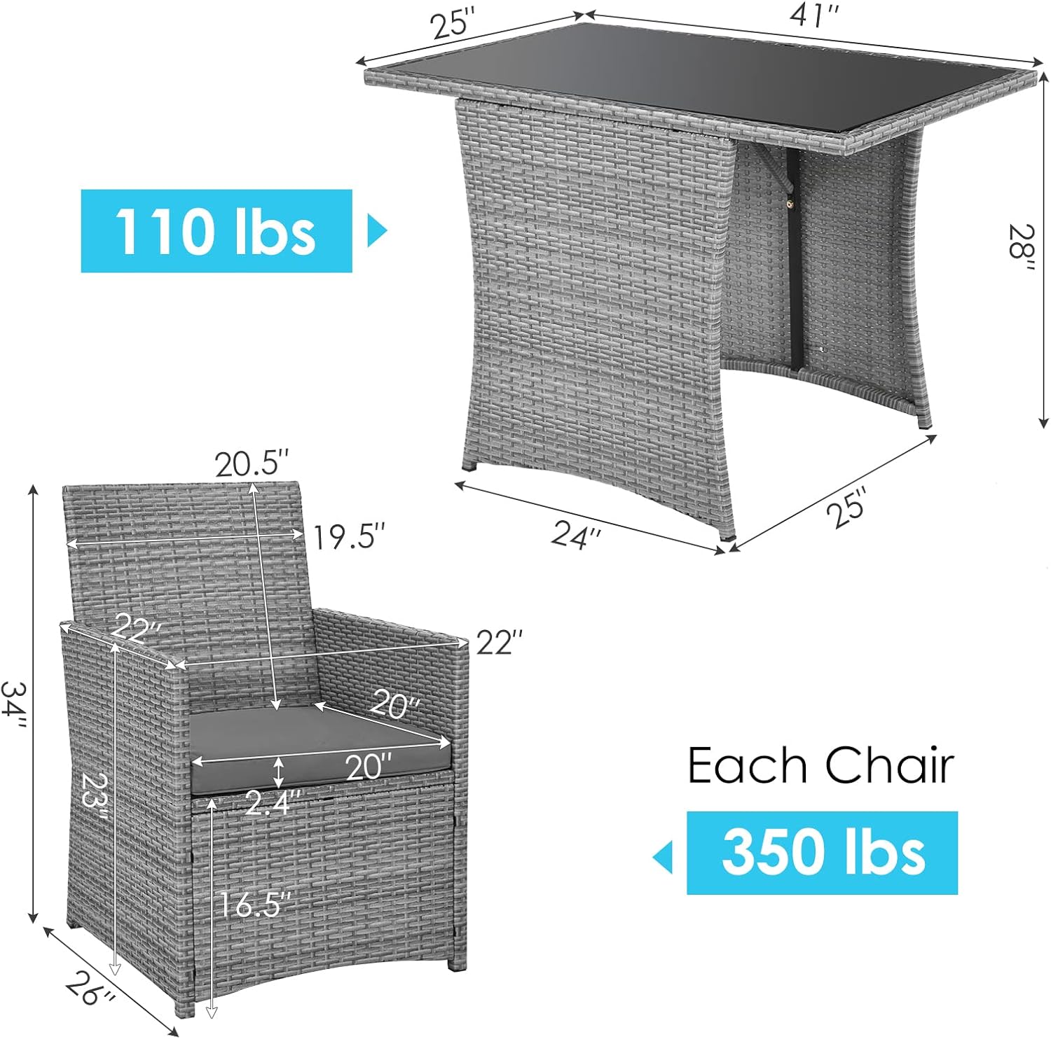 Tangkula 3 Pieces Patio Dining Set, Patiojoy Space-saving PE Rattan Bistro Set with Tempered Glass Top Table and Cushioned Chairs, Outdoor Conversation Set for Garden, Backyard, Poolside, Porch (Gray)