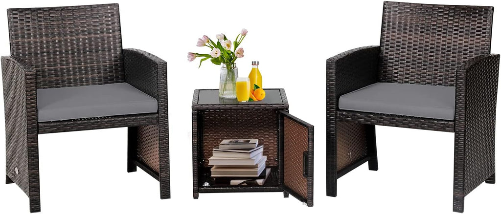 Tangkula 3 Pieces Outdoor Wicker Conversation Set with Waterproof Cover, 2 Patio PE Rattan Cushioned Chairs with Side Storage Table, Suitable for Front Porch, Balcony, Garden, Poolside and Yard (Grey)