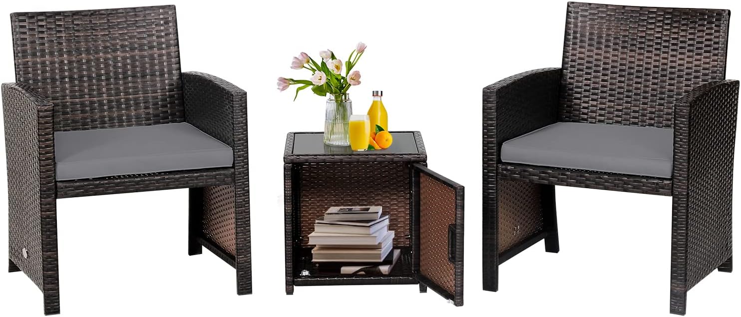 Tangkula 3 Pieces Outdoor Wicker Conversation Set with Waterproof Cover, 2 Patio PE Rattan Cushioned Chairs with Side Storage Table, Suitable for Front Porch, Balcony, Garden, Poolside and Yard (Grey)