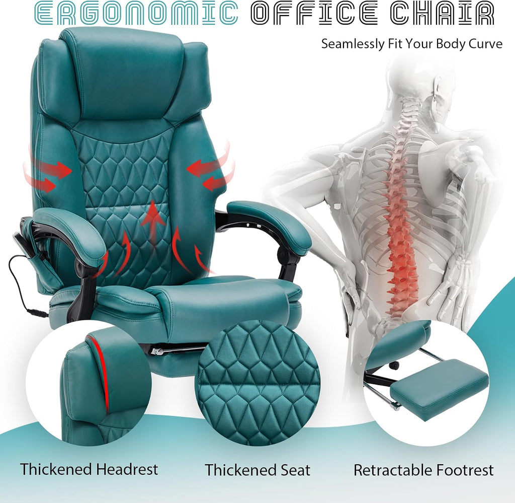 Massage Office Chair with Foot Rest 6 Points Vibration and Heat Home Office Desk Chairs for Heavy People 400lbs Reclining Managerial Chairs Ergonomic Executive Chair (Teal Blue)