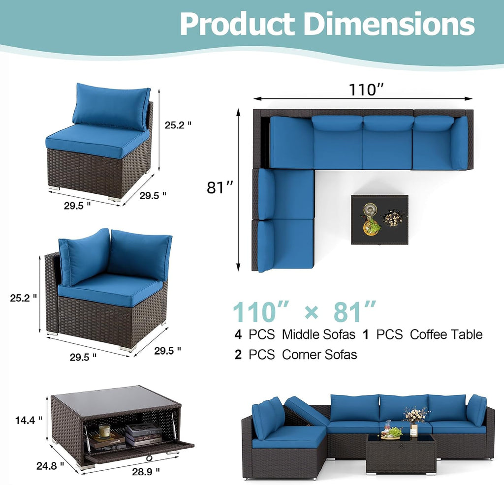 HOMREST 7 Piece Patio Furniture Set with Adjustable Bracket All-Weather Wicker Conversation Set with Coffee Table for Porch Garden Backyard (Blue)