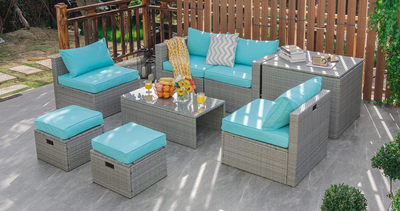 Tangkula 8 Piece Patio Wicker Furniture Set, Patiojoy Space Saving Outdoor PE Rattan Conversation Set with Storage Box & Waterproof Cover, Coffee Table, 2 Ottomans, 2 Armless Sofas & 2 Corner Sofas
