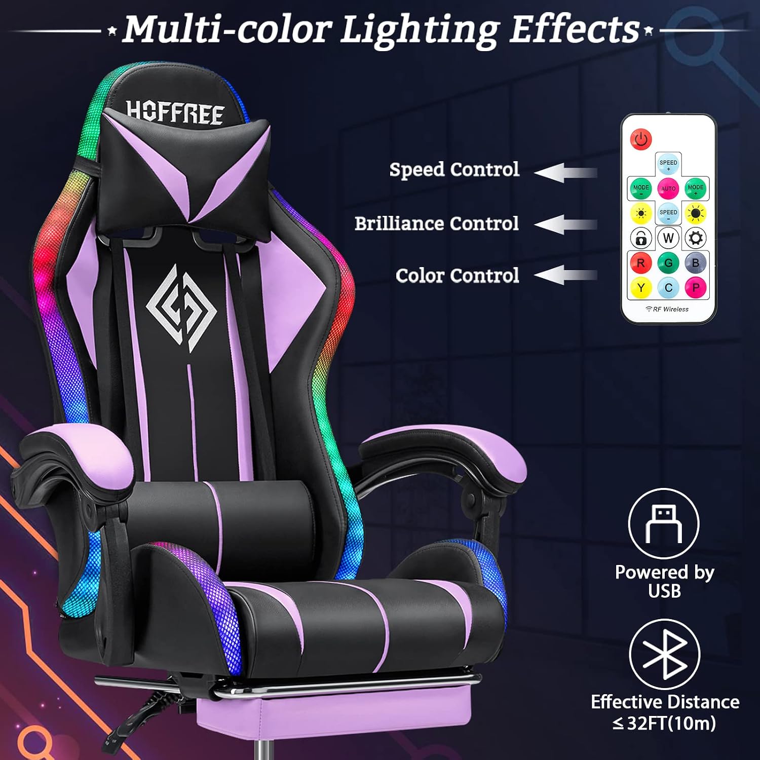 RGB Gaming Chair Massage with LED Lights Ergonomic Computer Gaming Chair with Footrest High Back Video Game Chairs with Adjustable Lumbar Support Purple and Black