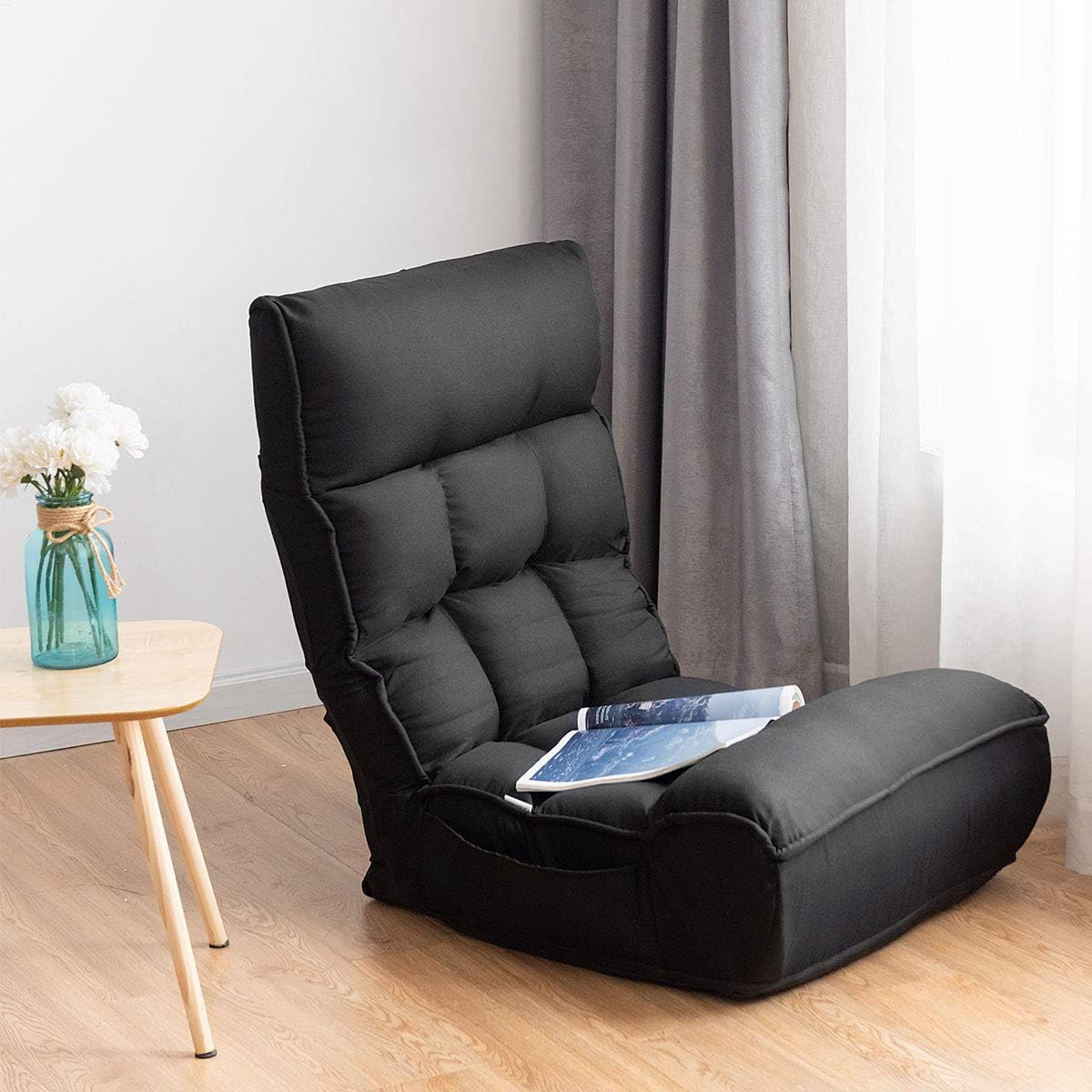 Giantex Gaming Chair Floor, Floor Chairs for Adults with 4-Position Adjustable Back, 6-Position Adjustable Headrest, Side Pocket, No Assembly Required, Banana Chair, Folding Floor Gaming Chair, Black