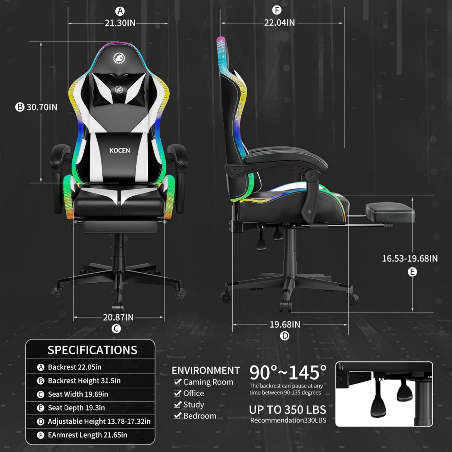 Gaming Chairs for Adults Tall and Kids，Lumbar Support,LED Lights，High Back Reclining Computer Chair with Headrest (Black+White)