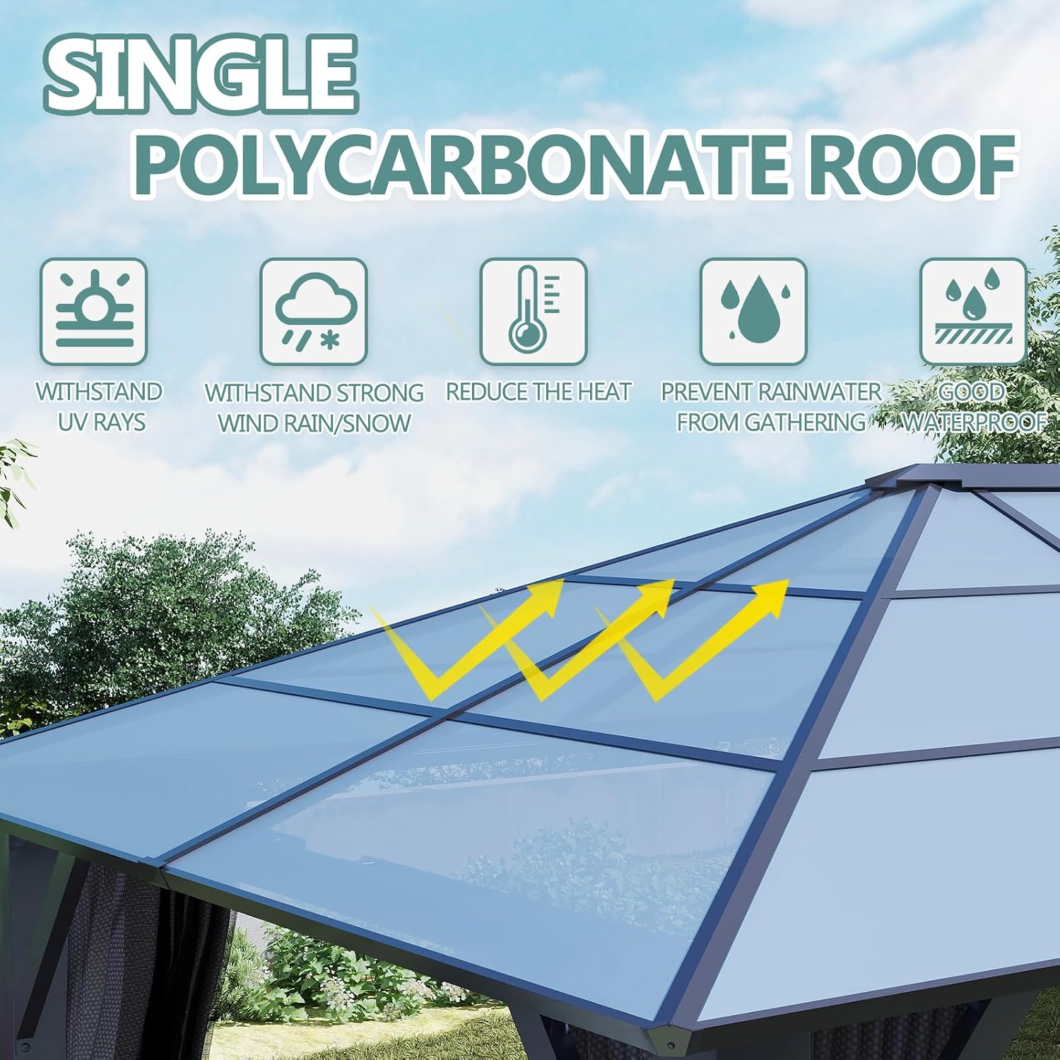 10'x10' Hardtop Gazebo, Outdoor Polycarbonate Roof Gazebo, Heavy Duty Metal Permanent Pavilion with Curtains & Netting for Backyard, Patio, Deck (Polycarbonate Top)