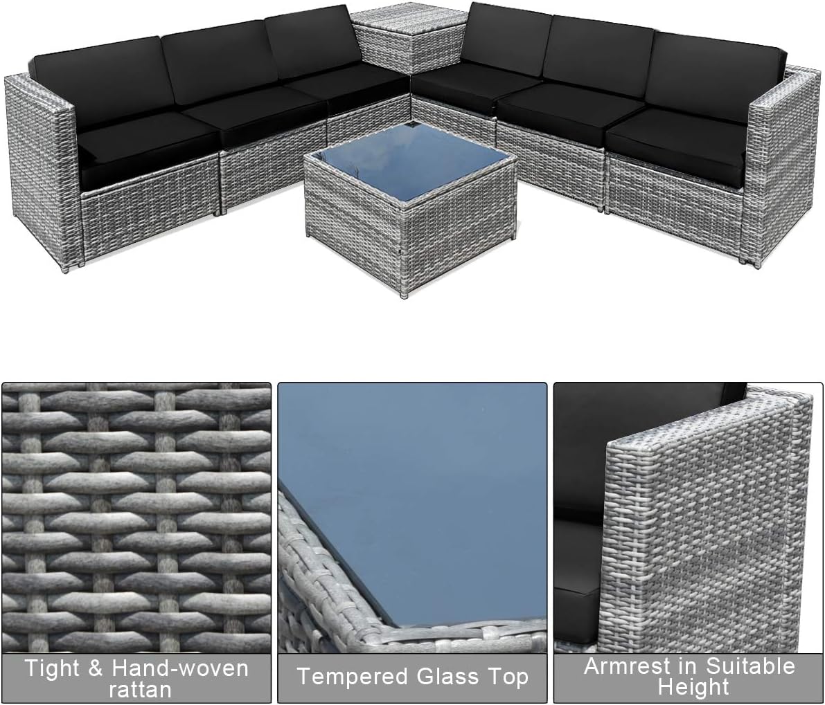 Tangkula 8 Pieces Wicker Patio Furniture Set with Storage Deck Box, PE Rattan Outdoor Sectional Sofa Conversation Set with Coffee Table & Cushions, Outside Furniture for Garden Yard Poolside (Black)