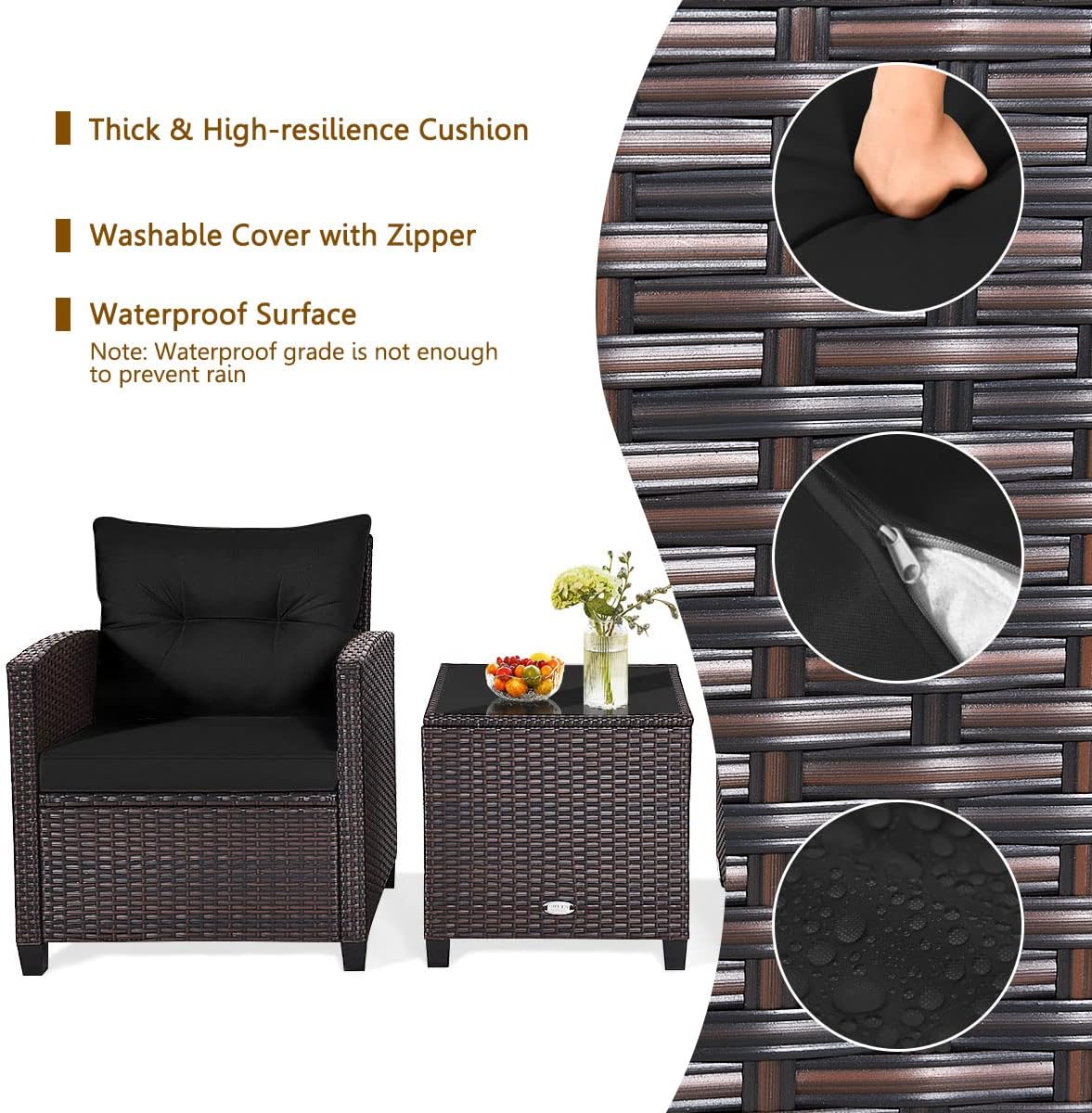 RELAX4LIFE 3 Piece Patio Furniture Set, Wicker Bistro Conversation Set w/ 2 Cushioned Armchairs & Glass Topped Table, Outdoor Rattan Sofa Set Patio Furniture for Porch Balcony Poolside (Black)