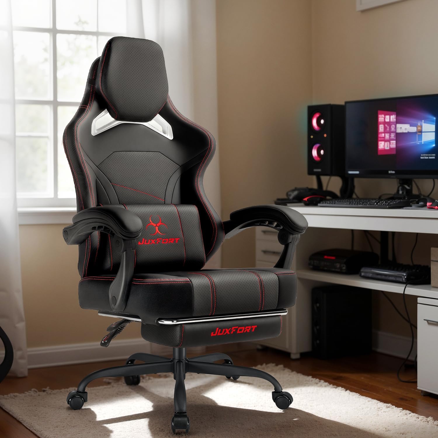 Big and Tall Gaming Chair with Massage and Pocket Spring Cushion,Gamer Chairs for Adults 400lb Weight Capacity, Video Game Chair with Headrest and Lumbar Support (Black)