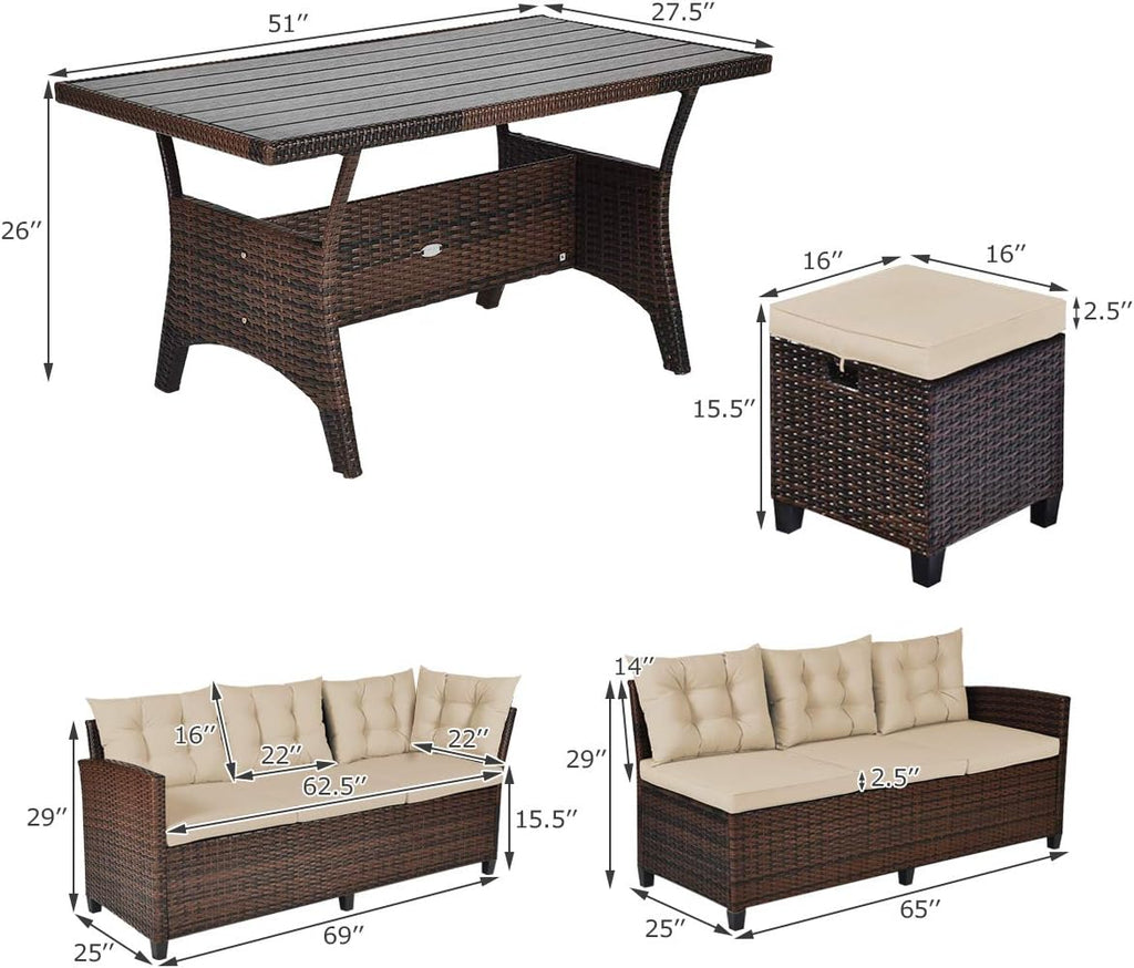 Tangkula 5 PCS Patio Furniture Set, Outdoor Conversation Set with 6 Cushioned Seat 2 Ottomans & Coffee Table, All Weather Wicker Dining Table Set with Ottoman, Rattan Sectional Couch Sofa Set