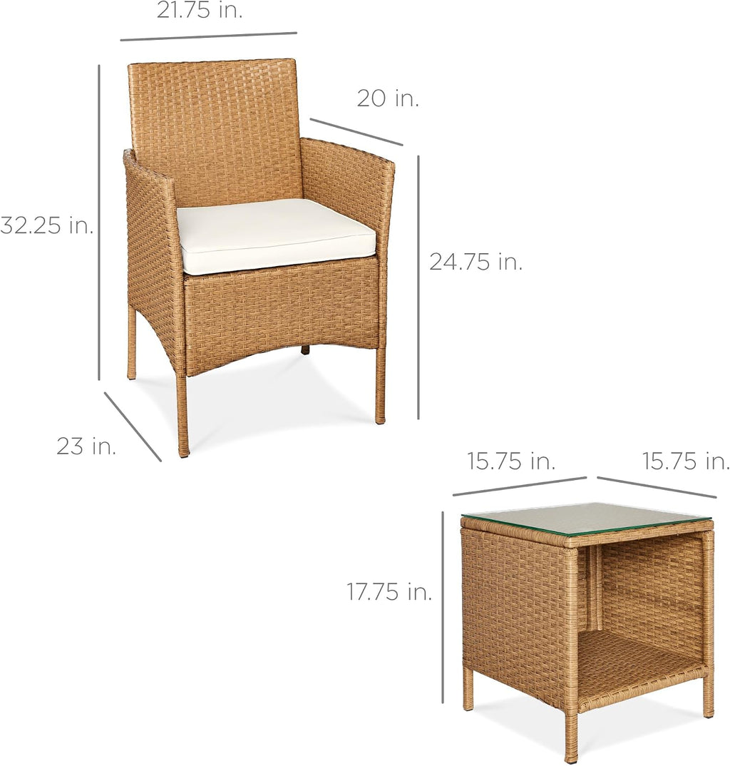 Best Choice Products 3-Piece Outdoor Wicker Conversation Bistro Set, Space Saving Patio Furniture for Garden w/Side Table - Natural/Ivory