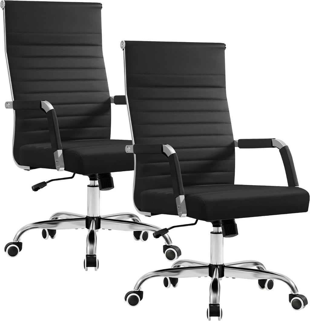 Furmax Ergonomic Office Desk Chair, Executive Ribbed Mid-Back PU Leather Conference Room Chair Adjustable Swivel Chair with Arms (2 pcs, Black)