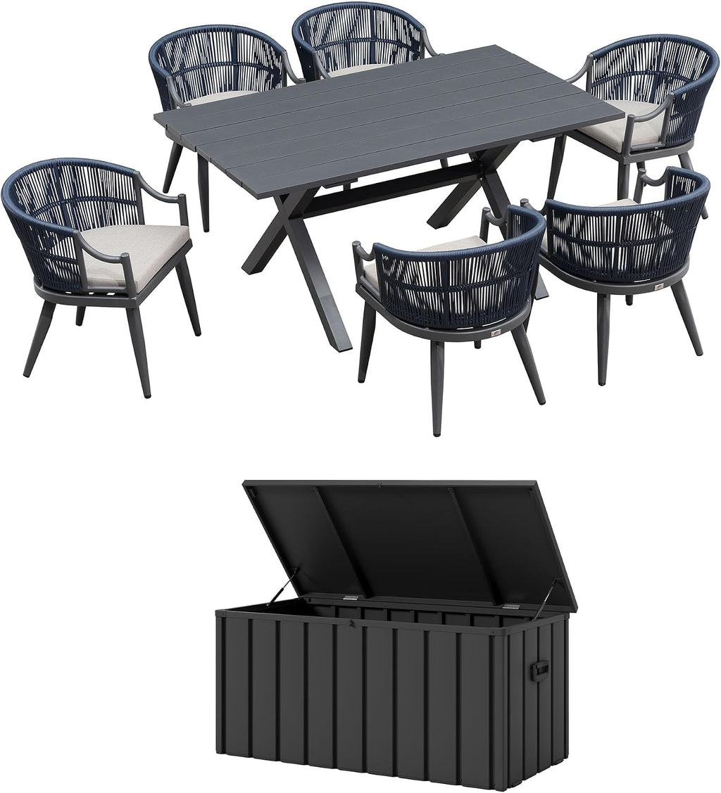 PURPLE LEAF Outdoor Dining Set for 6 with Storage Box All Weather Wicker Patio Dining Set with Rectangular Aluminum Table and Modern Armrest Dining Chairs for Garden Deck Backyard Kitchen, Grey