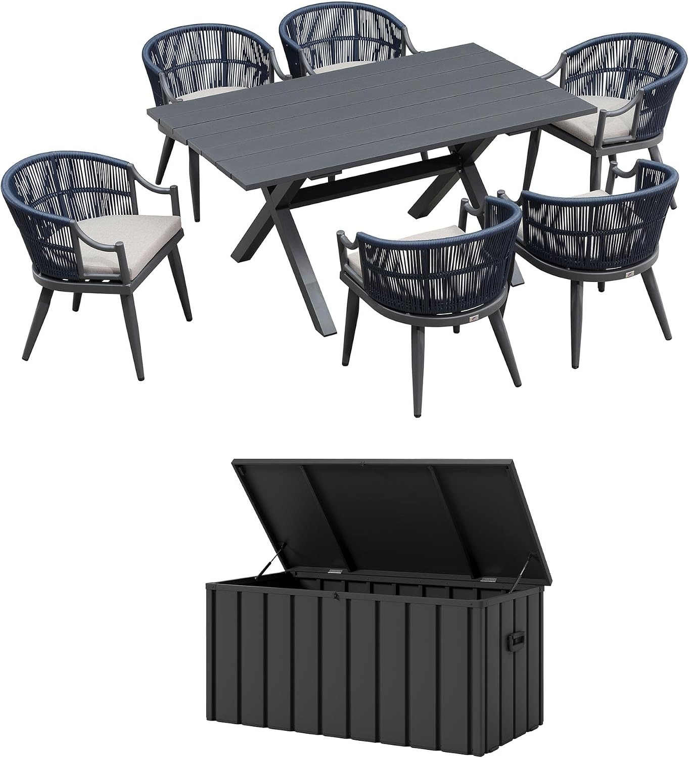 PURPLE LEAF Outdoor Dining Set for 6 with Storage Box All Weather Wicker Patio Dining Set with Rectangular Aluminum Table and Modern Armrest Dining Chairs for Garden Deck Backyard Kitchen, Grey