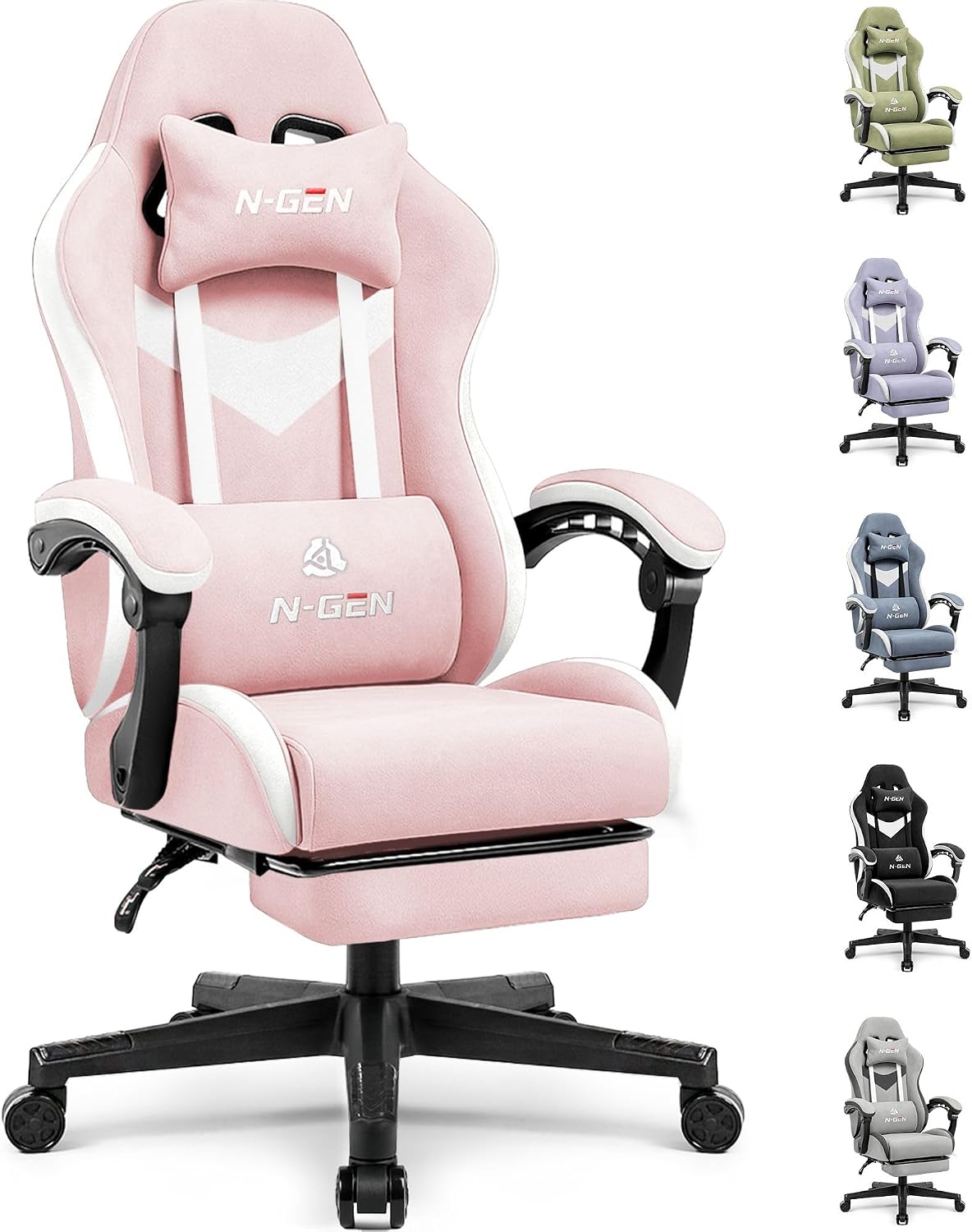 N-GEN GAMING Video Gaming Chair Office Computer Desk Use Ergonomic Reclining Backrest Adjustable Armrests Lumbar Support Footrest High Density Foam Breathable Fabric Heavy Duty Base (Pink)