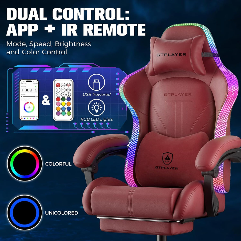 GTPLAYER Gaming Chair, Computer Chair with RGB LED Lights, High Back Ergonomic Chair for Adults with Footrest, Reclining Office Chairs, Linkage Armrest, Wine Red
