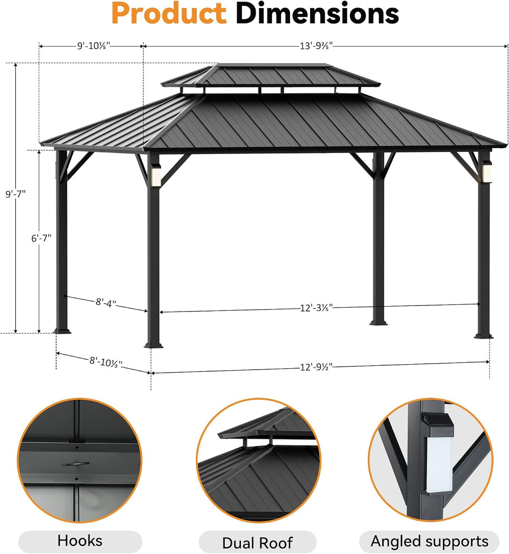 Modern Shade The Horizon Hard Top Gazebo 10' x 14' with 4 LED Lights, Permanent Hardtop Gazebo with Galvanized Steel Double Roof, Metal Gazebo with Decor Hooks, Mosquito Nettings for Patio, Black